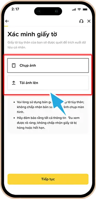 Bước 3: Chọn chụp ảnh hoặc tải ảnh theo nhu cầu » Chọn Tiếp tục.